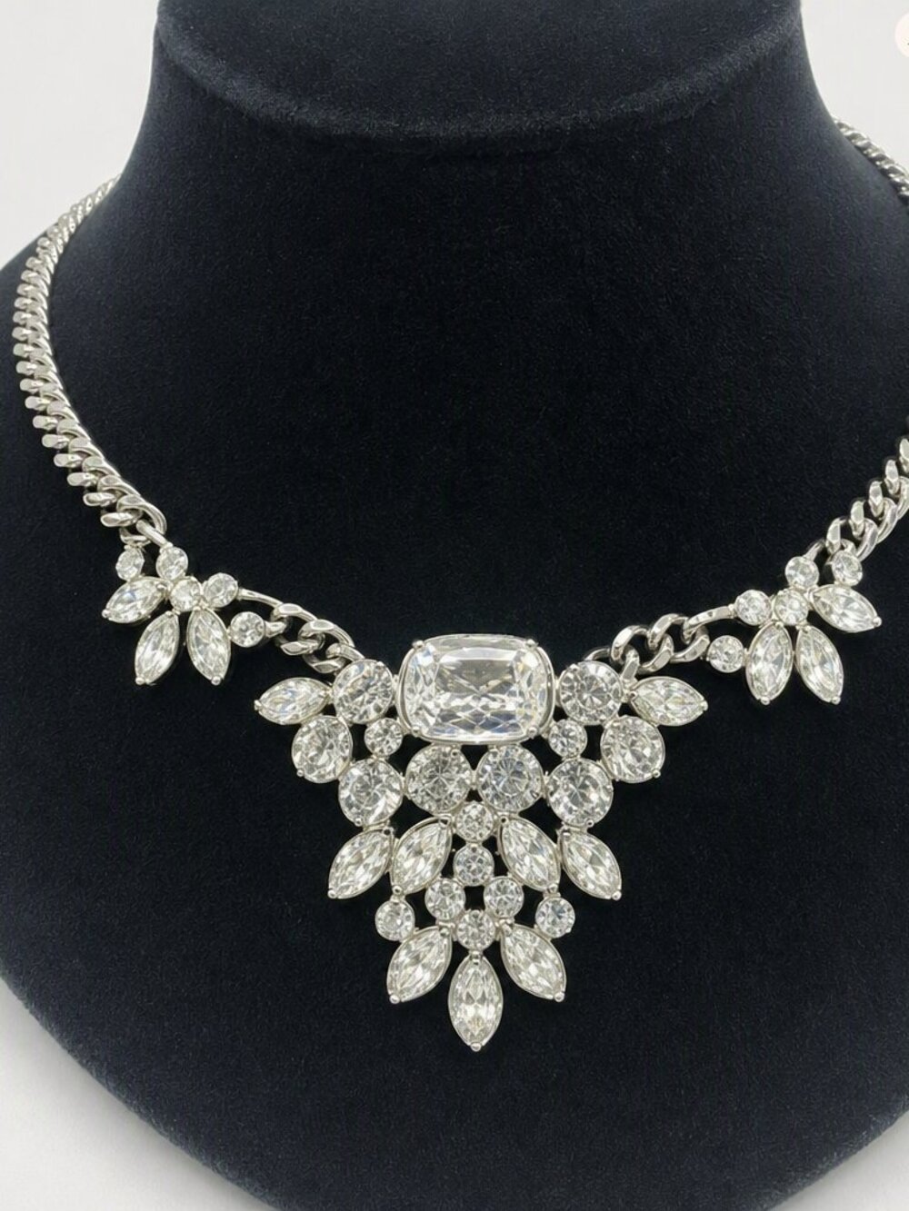 Givenchy Signed Large Crystal Silver-Tone Chain Link Collar Runway Necklace